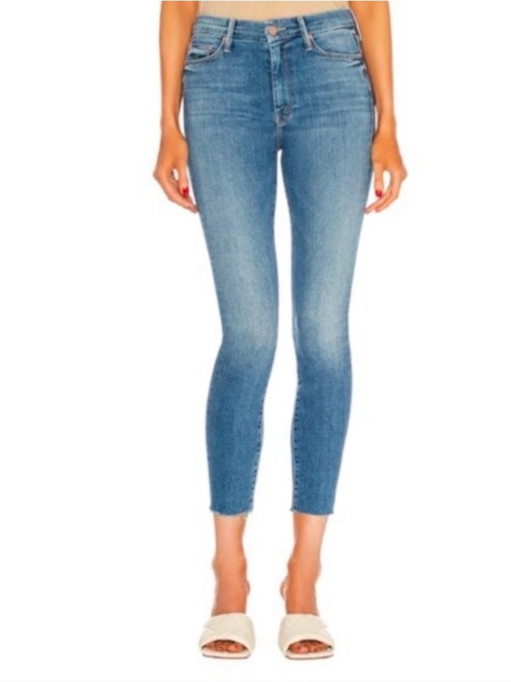 Mother The Looker Ankle Fray Jeans Medium Blue Hey Sun Wash Capri Denim Size 25